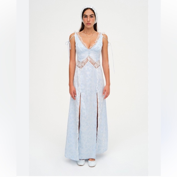 For Love And Lemons Dresses & Skirts - NWT For Love & Lemons Hattie Satin Slip Maxi Dress Blue Floral Lace Size XS